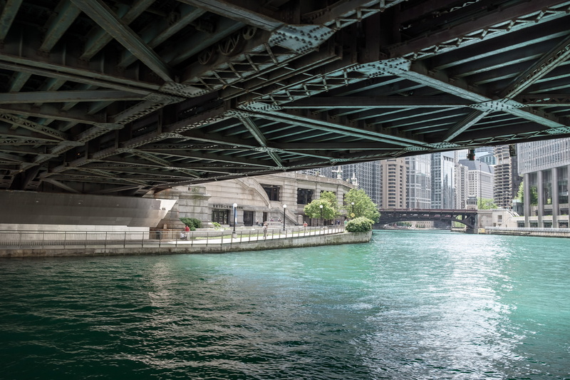 riverwalk, trump, city, underneath, water, skyscraper, bridge, turquoise colored, sunlight, nature, no people, chicago, background, international, building