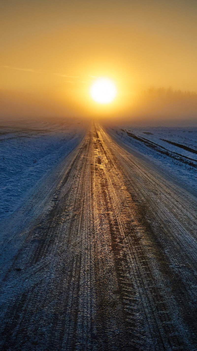 direction, Sun, sunrise, the way forward, sky, mist, diminishing perspective, 1080P, snow, portrait display, tranquil scene, tire track, beauty in nature