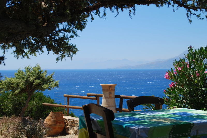 plant, green, crete, 2K, mountain, clear sky, tranquility, sky, tavern, sea, beauty in nature, body, water, scenics - nature, blue, restaurant, table