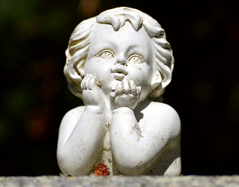 close-up, face, focus on foreground, bust, no people, hands, religion, garden, garden figurines, little angel, decoration, female likeness, day, spring angel
