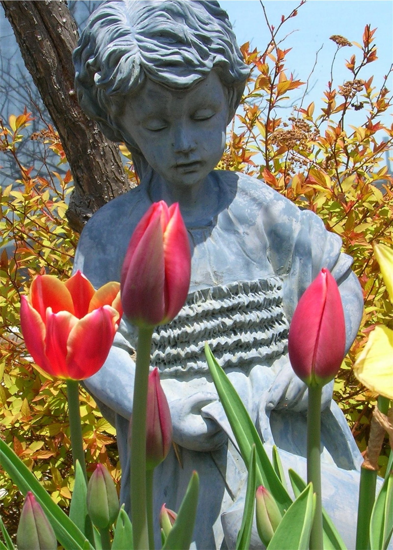 plant part, freshness, little girl, watering can, human representation, vulnerability, tulip, nature, flower, sculpture, 1080P, close-up, flower head