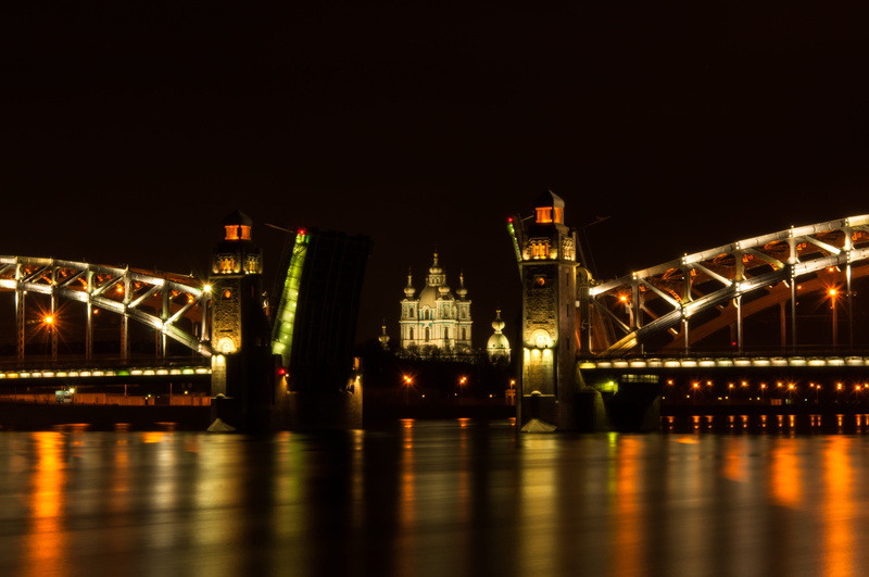 bolsheokhtinsky bridge, dark background, sunset, small river, bridge, no people, wave, travel, architecture, 4K, built structure, office building exterior