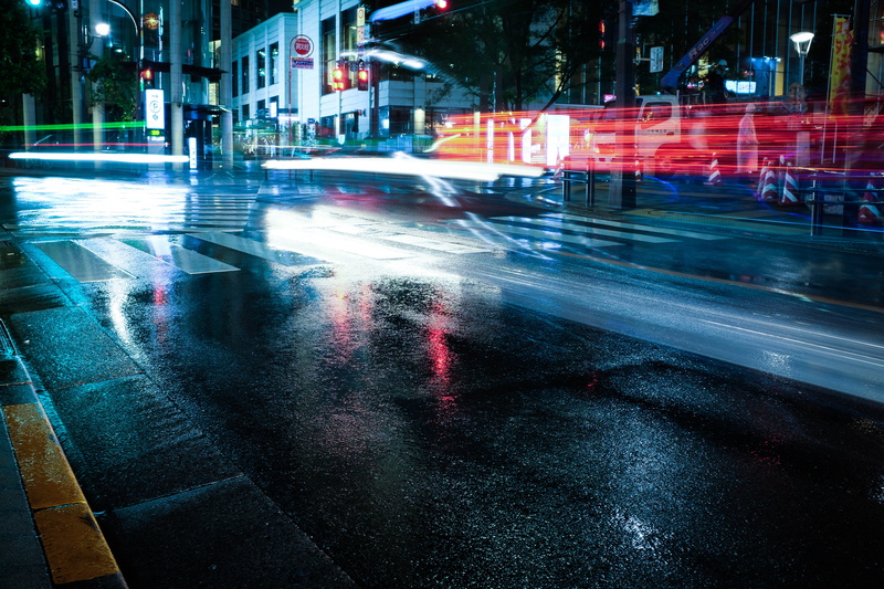 future, 4K, excitement, wet, city street, light trail, street, sign, slow, fast, motor vehicle, night, city life, illuminated, minato, rain, mode of transportation