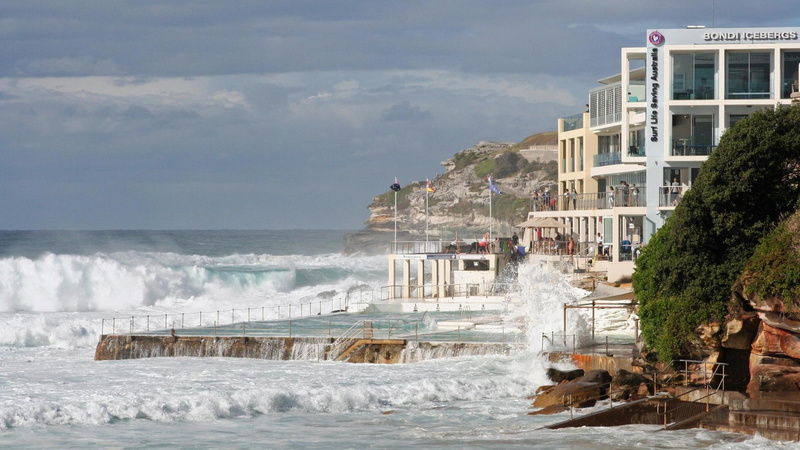 nature and landscapes, 1080P, waves, buildings, australia, surf, beach, heavy, bondi