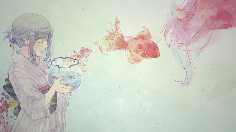 colorful, glass - material, animal wildlife, anime girls, 1080P, one person, wall - building feature, fish, art and craft, marine, women, invertebrate