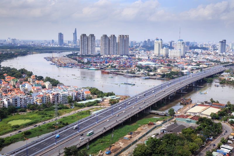 build, the city, no people, the saigon river, mode of transportation, building, cloudsa, water, light, landscape, district, cityscape, skyscraper, modern