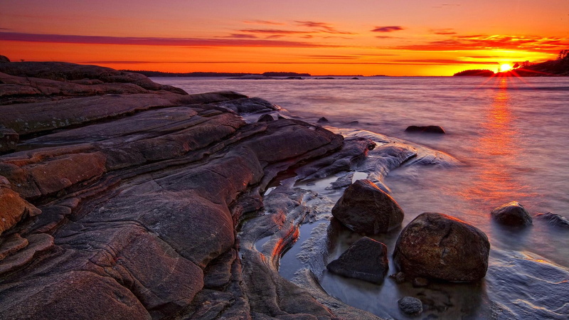 1080P, ontario, water, sunset, great lakes, rugged, bay, cirrus clouds, georgian, north america, orange, rock formation