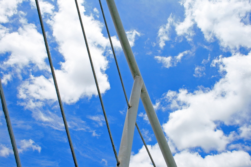 low angle view, white color, environment, 4K, sky, railing, wind, transparent, meteorology, upper deck, no people, tall - high, railing of cruise vessel