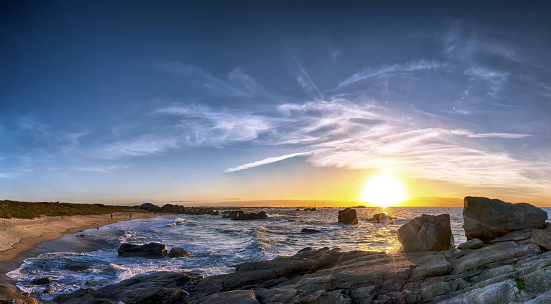 hdri, water, scenics - nature, tranquil scene, sunrise, two, tranquility, sea, stones, landscape, sun, sunlight, motion, land, solid, sunshine, no people