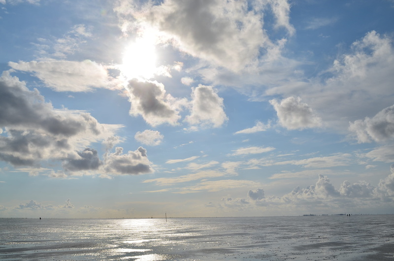 non-urban scene, outdoors, day, beauty in nature, germany, nature, ebb, watts, cloud - sky, horizon over water, mirroring, clouds, blue, sun, tranquility