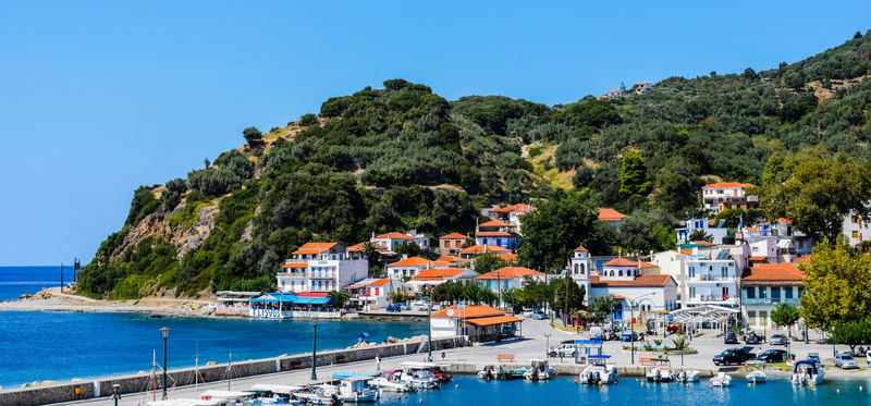 mountain, tourism, harbor, bay, skopelos, tree, transportation, loutraki, outdoors, 5K, plant, nature, greece, sporades, sky, built structure, travel destinations