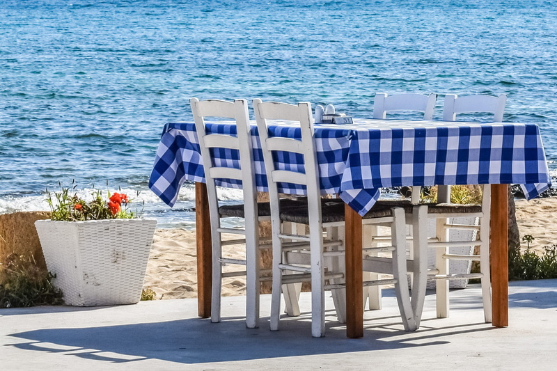 wooden, restaurant, brown, cyprus, basket, day, tranquil scene, tavern, seat, outdoors, absence, tranquility, sea, taverna, water, no people, sunlight