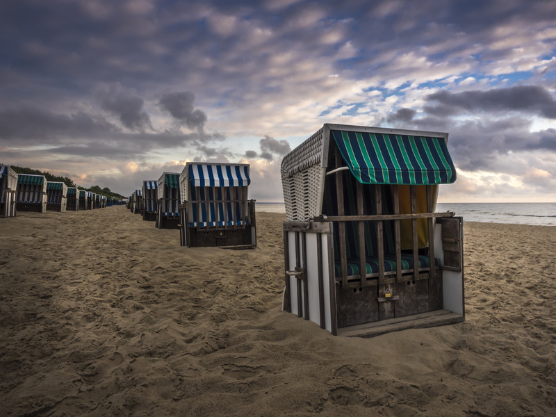sand, sky, beach, clouds, tranquility, blue sky, sea, sunset, symmetry, swim, clubs, hut, scenics - nature, sand beach, baltic sea, holiday, usedom, no people
