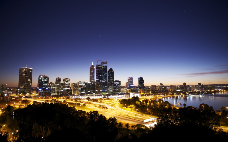 sky, tall - high, building exterior, financial district, water, Australia, skyline, illuminated, urban, skyscraper, night, building, landscape, sea, outdoors