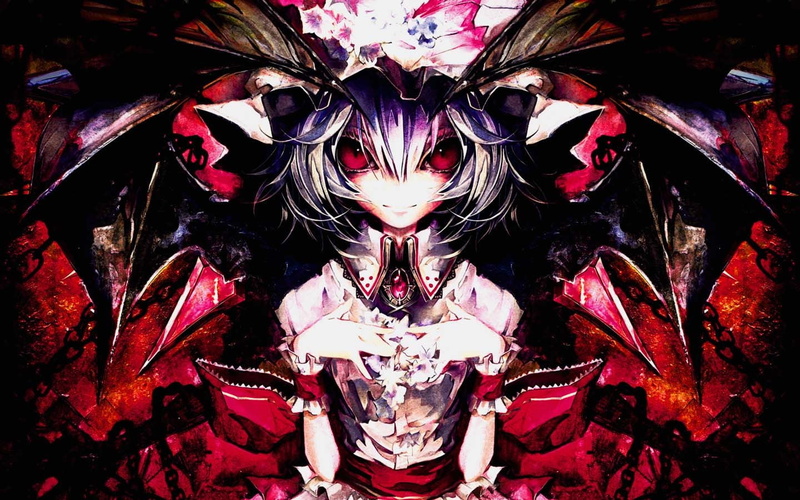 animal skull, real people, fear, looking at camera, Touhou, indoors, close-up, horror, anime, portrait, front view, character, Flandre Scarlet, animal body part