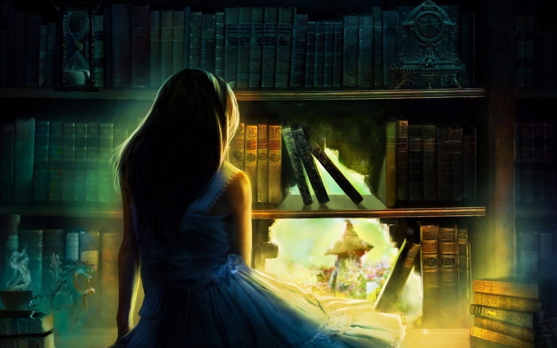 one person, 720P, retail display, women long hair sitting digital art fantasy art white dress rear view books shelves hourglasses fairy tale dragon lights clocks