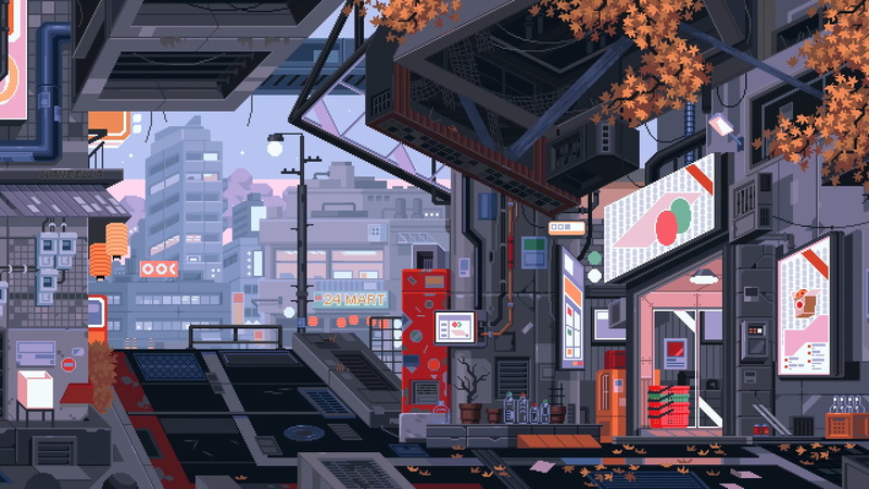 pixel art, city, 2K, cyberpunk, waneella