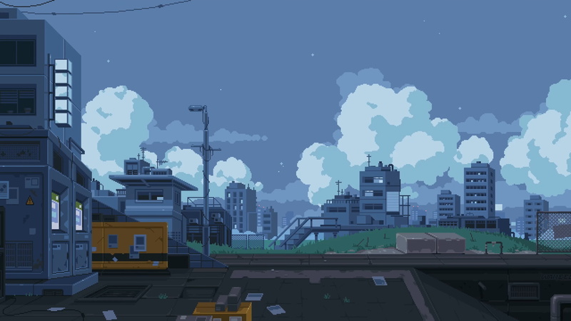 clouds, pixel art, sky, city, waneella, 2K