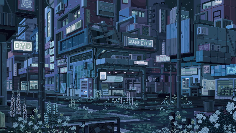 pixel art, city, 2K, waneella, plants