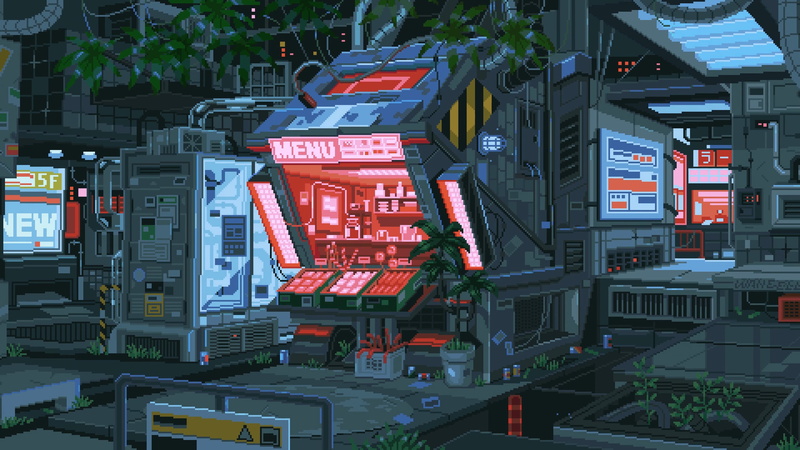 city, lights, waneella, 2K, pixel art, cyberpunk, plants