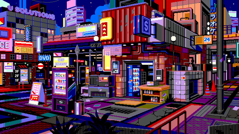 neon, waneella, pixel art, lights, night, cyberpunk, 2K, city