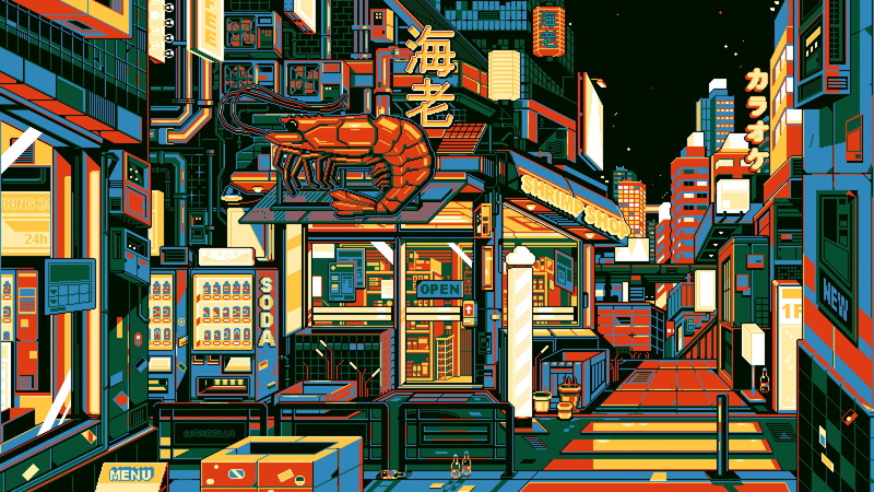 pixel art, lights, 2K, city, waneella, night