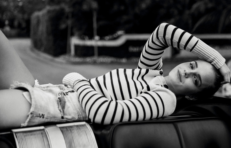 waist up, real people, one person, looking, striped, brunette, lying down, 720P, beautiful woman, focus on foreground, actress, portrait, young women