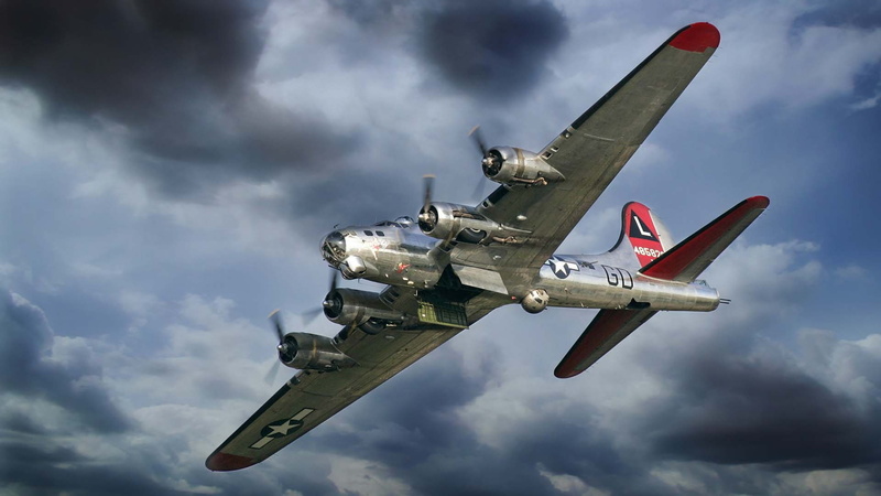 aerospace industry, four-engine, fortress, air vehicle, B-17, heavy, aerial, metal, red, cloud - sky, times, nature, bomber, Boeing, airplane, American
