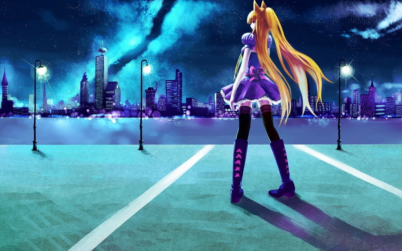 females, parking, outdoors, anime, building exterior, cityscape, one person, illuminated, swimming pool, urban Skyline, haired, digital composite, yellow