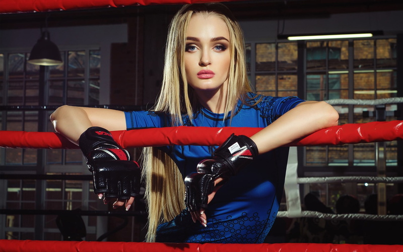 1080P, ropes, Boxing, girl, t-shirt, gloves, the ring, beautiful, hairstyle, blonde, Kristiana Koroleva, blue, sport, makeup