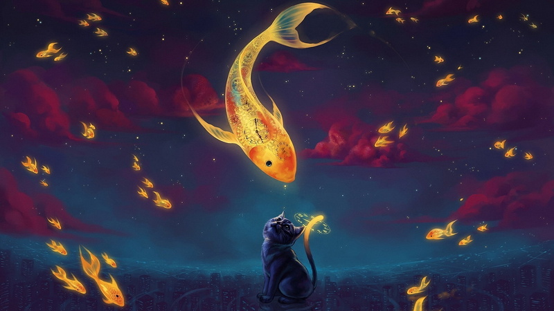 stars, fish, numbers, Clockwork, night, Surreal, animals, goldfish, fantasy Art, nature, dials, watches, cat, clouds, 1080P, digital art, Skyscraper