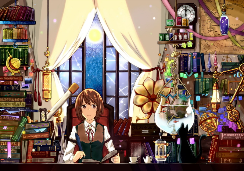 brown, hair, ido, animal, night, book, fish, pivix, drink, moon, eyes, original, cat, 720P, pixiv1101145, stars