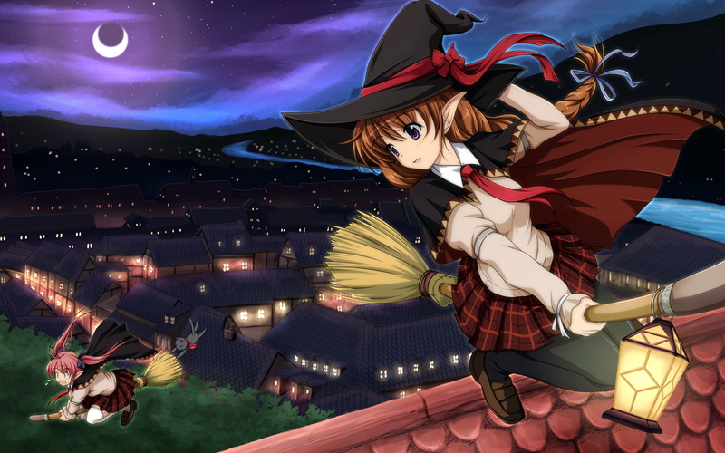 pink, witch, cat, ribbons, long, bow, green, purple, hat, seifuku, stars, vfenster, hair, city, moon, animal, night, original, eyes, 1080P, brown
