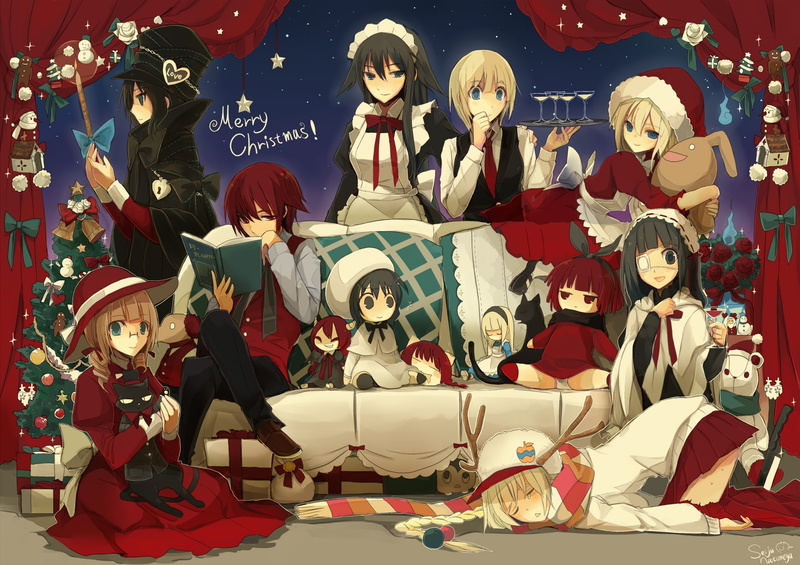 weapon, ribbons, book, dress, eyepatch, hair, horns, 720P, rose, long, hat, flowers, cat, red, eyes, bow, animal, night, original, christmas, maid, glasses