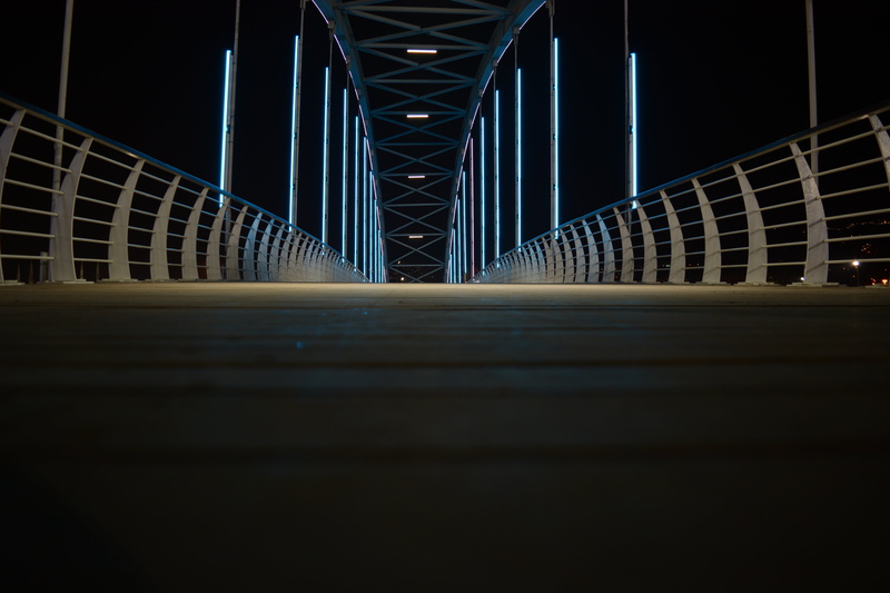 railings, railing, bridge - man made structure, built structure, connection, architecture, direction, bridge, illuminated, dark, construction, metal, city