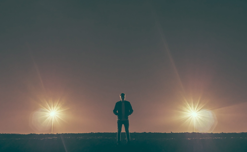 standing, light, full length, man, yellow, night, back lit, jeans, teenager, contemplation, adult, floodlight, sun, 4K, sky, jacket, bright, lens flare