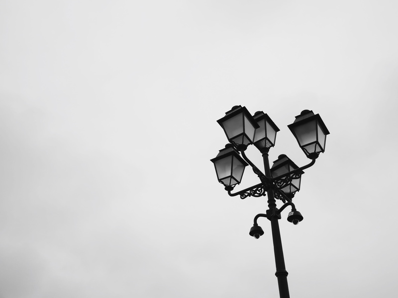 lighting equipment, sky, low angle view, light, photography, outdoor, day, black and white, clear sky, technology, grayscale, electric light, outdoors