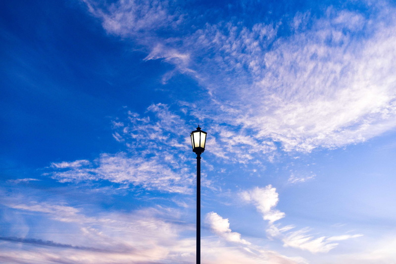 sky, street, copy space, 4K, clouds, tower, floodlight, cloud - sky, outdoors, low angle view, lantern, sunlight, nature, light, spire, lamp, electric lamp
