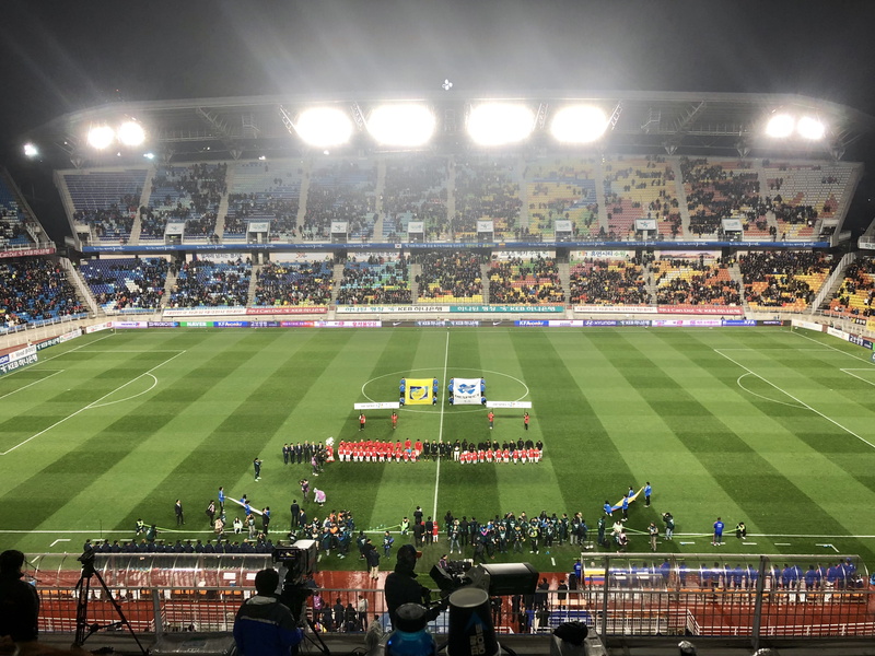 suwon, real people, floodlit, match - sport, lighting equipment, playing field, korea, grass, watching, football, crowd, spectator, team sport, soccer field