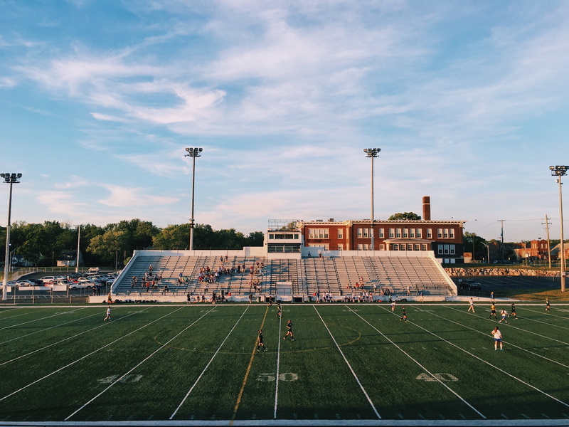 nature, playing field, school, american, buildings, playing, posts, soccer field, building exterior, floodlight, football, 4K, cloud - sky, team sport