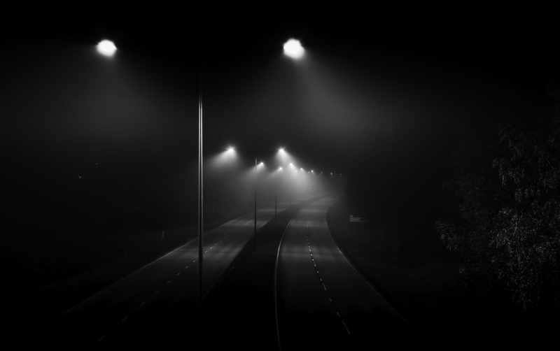 fear, concrete, photo, no people, grayscale, 4K, roas, street, rail transportation, street light, dark, direction, track, road, sign, lighting equipment