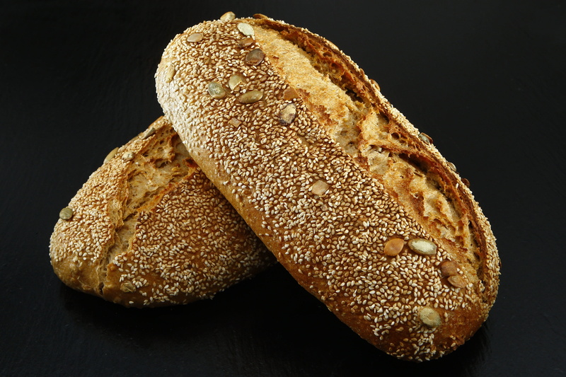 indoors, bread, seeds, food, seed, crust, studio shot, snack, whole wheat, close-up, breakfast, wheat, wellbeing, baked, freshness, black background, homemade