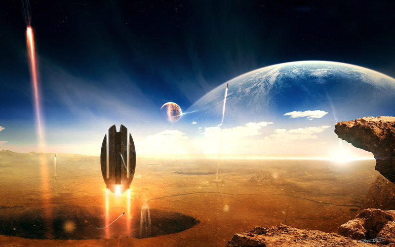 science, dark, galaxy, tranquility, digital composite, planet, horizon over land, tranquil scene, sunlight, imagination, ships, space, environment, people