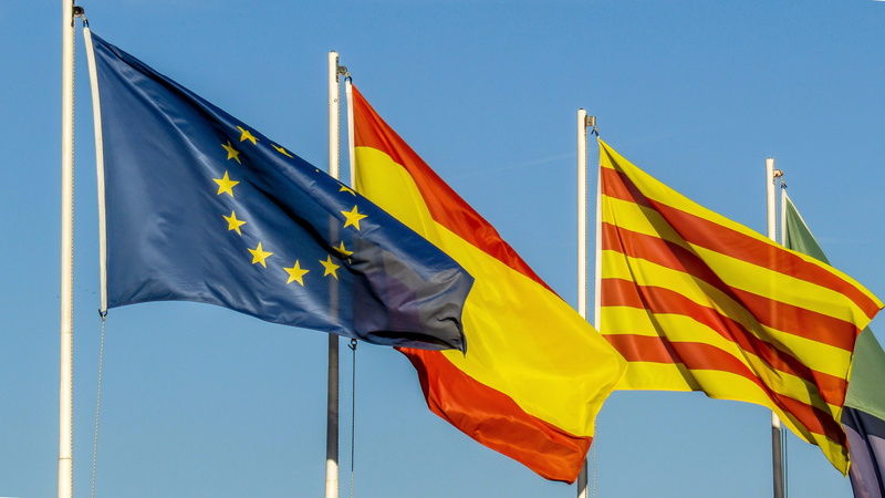 clear sky, blue, european union, motion, spain, no people, yellow, outdoors, patriotism, pride, day, environment, sky, nature, red, national, pole, nation