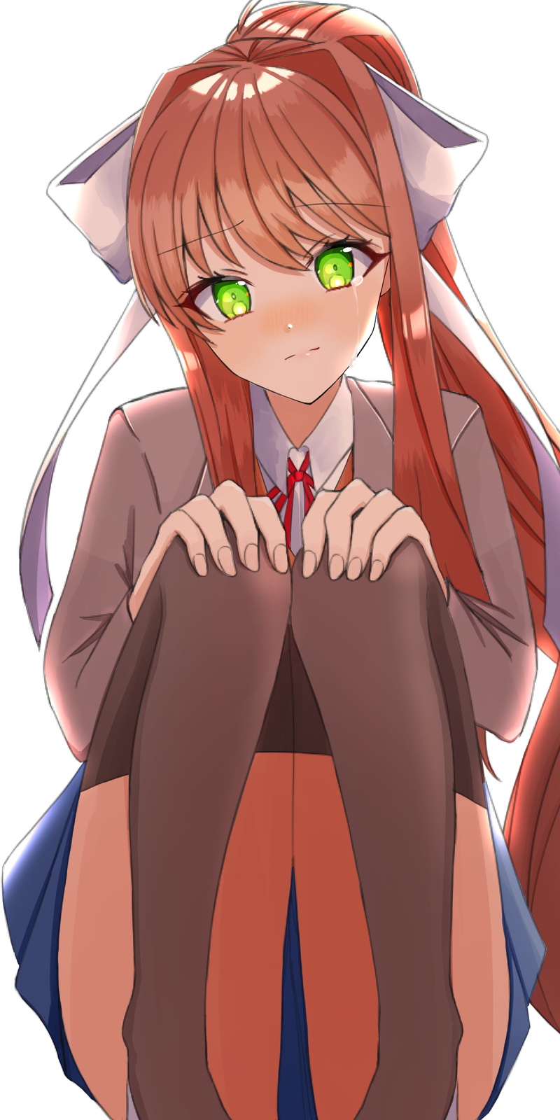 Monika (Doki Doki Literature Club), digital art, 4K, crying, fan art, black socks, Video Game Horror, video games, video game characters, brunette, looking at viewer