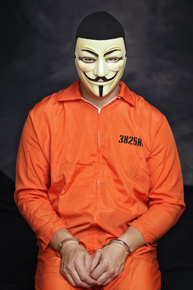 hacker, black background, protection, real people, gray, one person, disguise, 4K, front view, face, unrecognizable person, three quarter length, studio shot