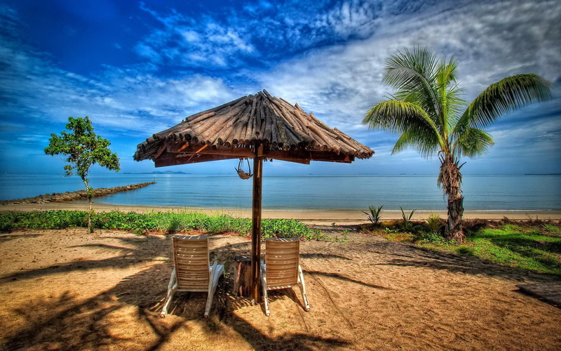  rest, paradise, sky, hd, palms, beach, summer, place, clouds, 1080P, chairs, umbrella, sea