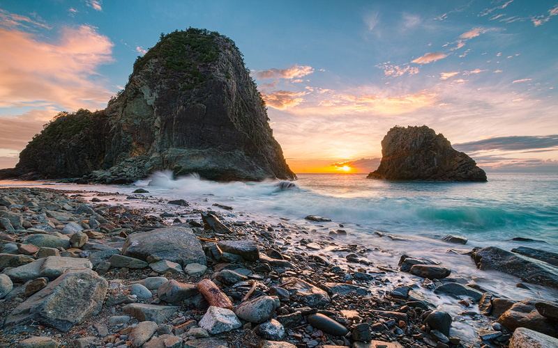 beach, japan, senganmon, coast, 1080P, sunset, hd, rock, waves, volcanic, ocean