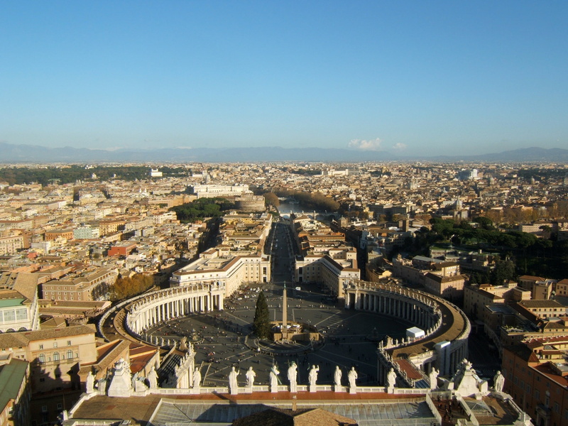 rome saint-pierre basilica, high angle view, building, scenic, clear sky, crowd, 2K, crowded, christianity, outdoors, rome city, obelisk vatican, faith