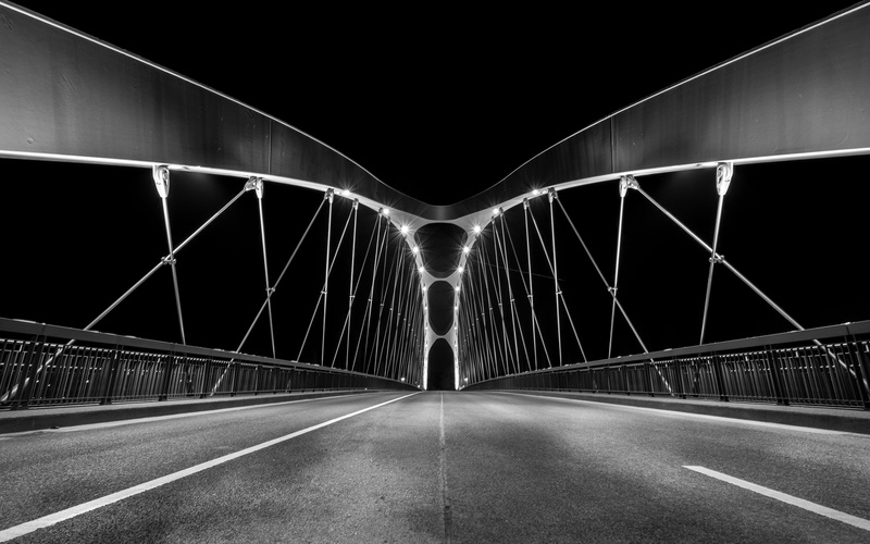 road, illuminated, bridge, direction, grayscale, bridge - man made structure, asphalt, city, road marking, railing, 4K, diminishing perspective, engineering